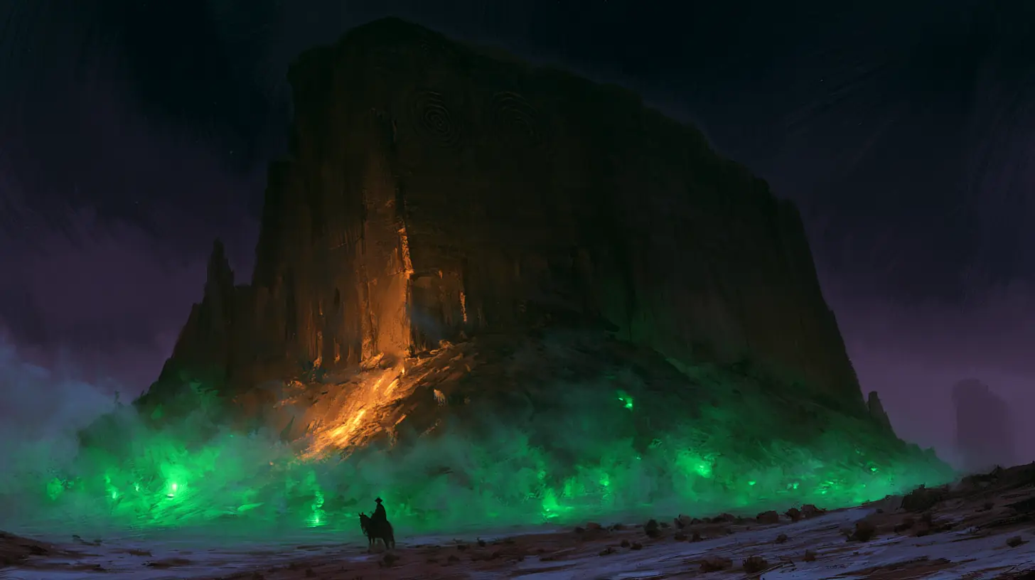 A brine-streaked mesa over pooling green lantern-fog, a lone rider small before it.