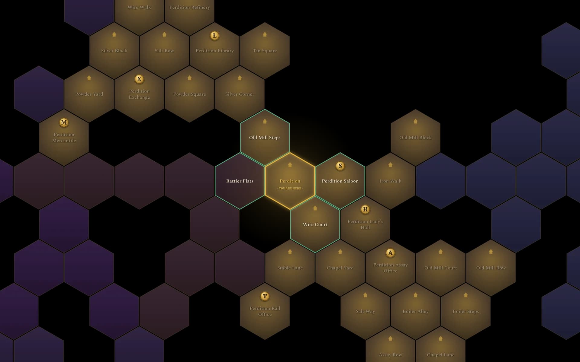 The live game map: Perdition's lamplit hex district, each building its own hex, the player's hex glowing gold.